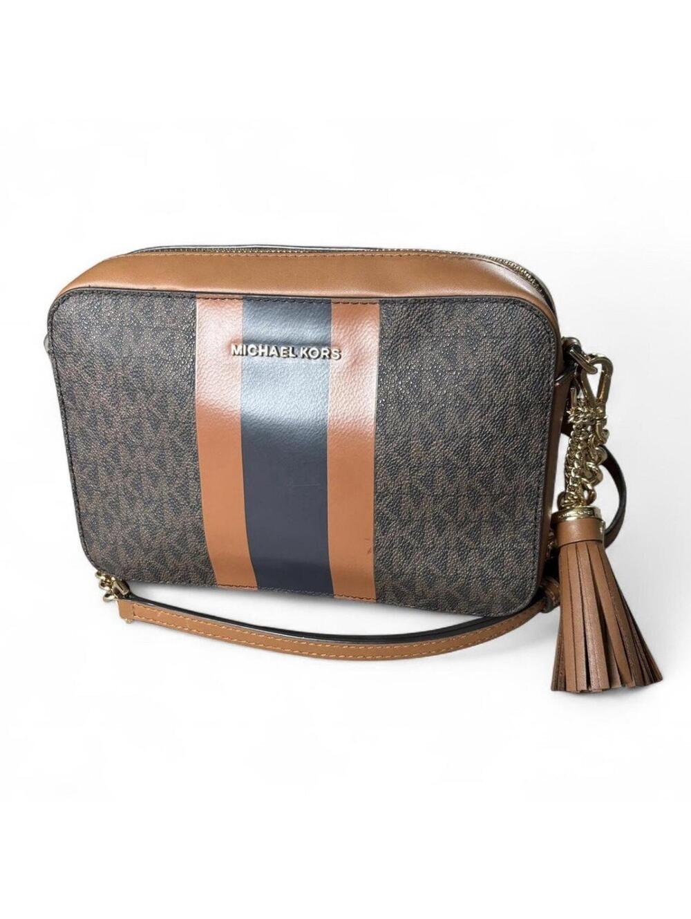 Michael Kors Jet Set Medium Logo Stripe Crossbody Bag Navy Blue/Acorn
